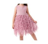 Mifeiwukawa Abito da bambina in tulle senza maniche per bambine con gonna a balze e tutù con fiori ricamati, per feste di compleanno, abito da sposa, Rosa fagiolo, 120 cm