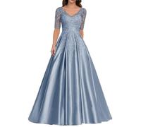 Mifeiwukawa Abito da sera formale per madre della sposa con applicazioni in pizzo, in raso, con scollo a V, abito lungo a linea A, Blu polvere., 50