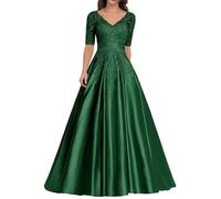 Mifeiwukawa Abito da sera formale per madre della sposa con applicazioni in pizzo, in raso, con scollo a V, abito lungo a linea A da sera, Verde, 50