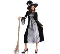 Mifeiwukawa Costumi di Halloween da donna, 3 pezzi, per cosplay, feste, bustino, abito da strega, con cappello, girocollo, carnevale, feste (nero, L)