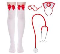 mifengdaer Costume da infermiera per Halloween, da donna, con cappello rosso da infermiera, fascia per cosplay, set include fascia, occhiali, stetoscopio, calza alta, per Halloween, cosplay e feste