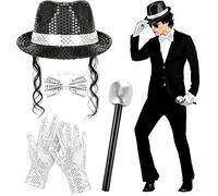 MIFKLMV Accessori per Costume da MJ, Rocker Star anni '80, Set per Cosplay con Cappello Jazz con Paillettes, Guanti, Microfono, Papillon, Set per Feste a Tema anni '80, Carnevale, Feste di