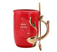 MIGIFTDY Tazza da Caffè Natalizia Con Cucchiaio, Elegante Con Coperchio, 400 ml, per Feste di Natale (Rosso)