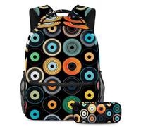 Migliora il tuo gioco di ritorno a scuola con il nostro set di 2 zaini per bambini, perfetto per ragazzi ragazze adolescenti, motivo dischi neri, Multicolore, B：29.4x20x40cm P：19x7.5x3.8cm, Zaini