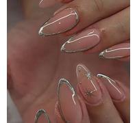 Migliora il tuo senso della moda con questo set di 24 adesivi per unghie in gel 3D argento a forma di mandorla lunga! Questo set di adesivi per unghie a punta francese presenta un design a stella per 