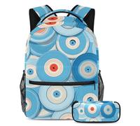 Migliora il tuo stile con il nostro set di 2 zaini per bambini, ideale per ragazzi e ragazze, completo di borsa per libri da viaggio e astuccio, motivo dischi blu, Multicolore, B:29.4x20x40cm\