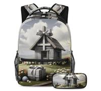 Migliora il tuo stile con il nostro zaino e astuccio Duo, ideale per ragazzi, ragazze e adolescenti, casa grigia con croce pasquale, Multicolore, B：29.4x20x40cm P：19x7.5x3.8cm, Zaini Daypack