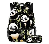 Migliora il tuo stile con il nostro zaino e astuccio Duo, ideale per ragazzi, ragazze e adolescenti, simpatico panda in stile cartone animato, Multicolore, B：29.4x20x40cm P：19x7.5x3.8cm, Zaini