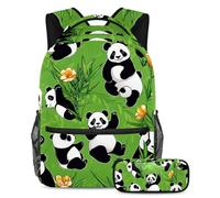 Migliora il tuo stile con il nostro zaino e astuccio, ideale per bambini e ragazzi, simpatico panda su verde, Multicolore, B：29.4x20x40cm P：19x7.5x3.8cm, Zaini Daypack