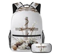 Migliora il tuo stile di ritorno a scuola con il nostro set di 2 zaini, zaino di grande capacità con astuccio per ragazzi, ragazze e adolescenti, croce bianca pasquale, Multicolore, B：29.4x20x40cm\