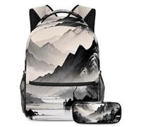 Migliora il tuo stile di ritorno a scuola con il nostro set di 2 zaini, zaino di grande capacità con astuccio per ragazzi, ragazze e adolescenti, pittura a inchiostro, Multicolore, B:29.4x20x40cm\