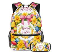 Migliora il tuo stile scolastico con il set di 2 zaini per bambini per ragazzi ragazze adolescenti, zaino e astuccio in uno, ghirlanda gialla di buona Pasqua, Multicolore, B:29.4x20x40cm\