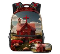 Migliora il tuo stile, zaino con astuccio, il set perfetto per la scuola per ragazzi, ragazze e adolescenti alla moda, casa con croce di Pasqua rossa, Multicolore, B:29.4x20x40cm P:19x7.5x3.8cm,