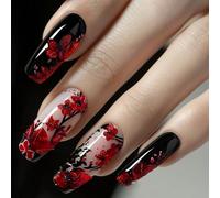 Migliora istantaneamente il tuo aspetto con il set da 24 unghie finte quadrate di media grandezza. Eleganti unghie finte rosse a fiore, sfumature rosse e nere, bellissime unghie finte rosse prugna, co