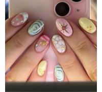Migliora istantaneamente le tue unghie, 24 pezzi di unghie acriliche a pressione corte ovali in stile Y2K, colorate, a pois e a righe, con stelle dorate 3D e cristalli, set per manicure che include: 1
