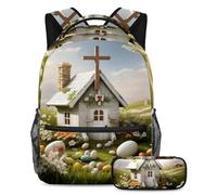 Migliora la tua attrezzatura scolastica con questo zaino e astuccio, perfetto per ragazzi, ragazze e adolescenti, casa bianca con croce pasquale, Multicolore, B:29.4x20x40cm P:19x7.5x3.8cm, Zaini