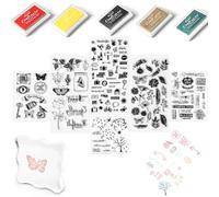 Mignor Set di Timbri in Silicone - 5 Colori 6 Fogli Assortiti Timbri Trasparenti in Silicone, Fiori, Farfalle,Plus Blocco Acrilico, per Creazione di Biglietti, Scrapbooking Fai da Te