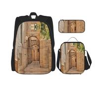 Migpkd Architecture Streets Houses School Bag Pencil Case Lunch Bag Combinationbackpack for Kids School Bookbag