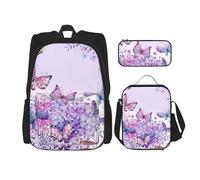 Migpkd Bellissimo astuccio per la scuola con farfalle viola, borsa per il pranzo, zaino combinato, per bambini, borsa per libri scolastici