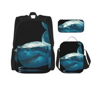 Migpkd Blue Shark - Borsa per la scuola, astuccio portapranzo, zaino combinato, per bambini