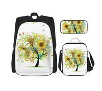 Migpkd Borsa per la scuola con albero floreale con margherite, girasoli, farfalle, coccinelle, insetti, astuccio per la scuola, borsa per il pranzo, zaino per la scuola per bambini