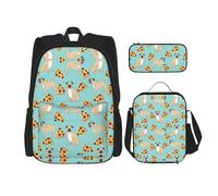 Migpkd Borsa per la scuola con carlino e pizza, astuccio per matite, borsa per il pranzo, zaino per libri scolastici per bambini