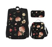 Migpkd Borsa per la scuola con fiori, astuccio portapranzo, zaino combinato, per bambini