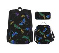 Migpkd Borsa per la scuola con libellula, astuccio portapranzo, zaino combinato, per bambini