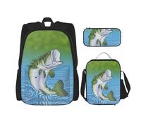 Migpkd Borsa per la scuola con motivo pesca che salta fuori dall'acqua, astuccio portapranzo, borsa per il pranzo, zaino per libri scolastici per bambini