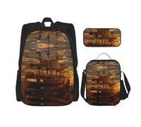 Migpkd Fantasy Pirate Ship School Bag Pencil Case Lunch Bag Combinationbackpack for Kids School Bookbag