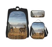 Migpkd Fattoria con Cervo Scuola Borsa Matita Astuccio Borsa Pranzo Combinationbackpack per Bambini Scuola Bookbag