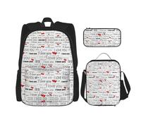 Migpkd I Love You Words with Hearts School Bag Pencil Case Lunch Bag Combinationbackpack for Kids School Bookbag