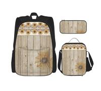 Migpkd Sunflowers on Wooden School Bag Pencil Case Lunch Bag Combinationbackpack for Kids School Bookbag