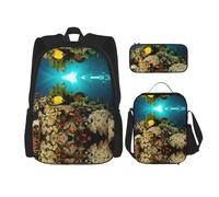 Migpkd Underwater World Hd Fish School Bag Pencil Case Lunch Bag Combinationbackpack for Kids School Bookbag