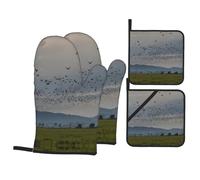 Migratory Birds Fly South - Set di guanti e tappetini termoisolanti, 4 pezzi, resistenti alle alte temperature, per forno, griglia, guanti da forno e presine
