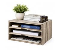 MIGUBIGU Organizer Scrivania Ufficio Legno con 3 Scomparti 35×24×18CM, Portadocumenti da Scrivania Orizzontale, Organizzatore per Documenti Legno Colore Marrone, per Libri, Riviste