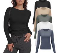 miijoory Confezione da 3/5 magliette a maniche lunghe da donna, scollo rotondo, basic a maniche lunghe, slim fit, Y2K, casual, elasticizzate, a maniche lunghe, Confezione da 5: nero, bianco, nude