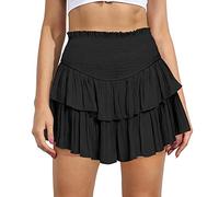 MiiVoo - Minigonne da Donna a Vita Elasticizzata e Plissettata, Tinta Unita, Foderata, con Volant a Strati pieghettati, Gonna Corta da Spiaggia Casual, Nero, S