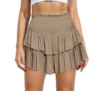 MiiVoo - Minigonne da donna a vita elasticizzata e plissettata, tinta unita, foderata, con volant a strati pieghettati, gonna corta da spiaggia casual, Albicocca, M