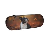 MIJKO Boston Terrier Autunno Bokeh Cani Cani nella foresta, Astuccio per matite Astuccio per matite in pelle PU Astuccio per penne a matita di grande capacità