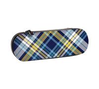 MIJKO Plaid Blu Navy Giallo Bianco Bellezza maschile, Astuccio per matite Astuccio per matite in pelle PU Astuccio per penne a matita di grande capacità