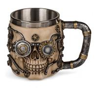 MIJOMA Boccale da birra con teschio 3D Steampunk - Elegante tazza con manico in pietra artificiale con inserto in acciaio inox, 400 ml (Chrono)