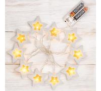 MIJOMA Catena luminosa a forma di stella in legno, 10 LED, luce bianca calda, timer 6/18, funzionamento a batteria, lunghezza 1,2 m, decorazione natalizia per interni