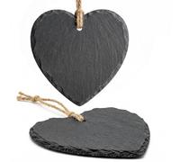 MIJOMA Cuori in ardesia in set da 2 pezzi, 15 x 15 cm, con nastro di iuta da appendere e scrivere, a forma di cuore naturale con bordo rotto, come targa per porta o decorazione da parete