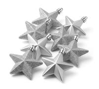 MIJOMA Decorazioni natalizie da appendere a forma di stella, in argento, 6,5 cm, set da 8 pezzi, 2 disegni con glitter opaco lucido, ciondolo per albero di Natale in plastica, infrangibile