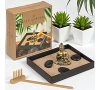 MIJOMA Mini Zen - Set da giardino con statuetta di Buddha, decorazione da tavolo per la consapevolezza e la meditazione, con sabbia, pietre e rastrello, decorazione giapponese per ufficio e casa