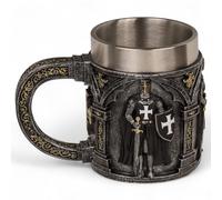 MIJOMA Recipiente da cavaliere con inserto in acciaio inox - rilievo medievale ricco di dettagli in poliresina - decorazione e pezzo da collezione (templari della giustizia, brocca: circa 11 × 9 cm)