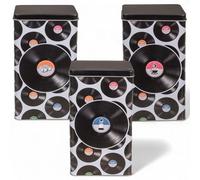 MIJOMA Set da 3 barattoli in metallo retrò con coperchio, design vintage - contenitori per caffè, tè, zucchero - barattolo per caffè, tè, zucchero, 19 x 11 cm (Bianco con motivo di dischi in vinile)