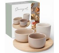 MIJOMA Set da 4 pezzi - tre tazze in pietra grigio caldo e beige chiaro - vassoio rotondo in legno con struttura scanalata delicata - per salse, snack e tapas
