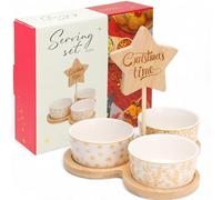 MIJOMA Set da portata natalizio 4 pezzi - 3 ciotole in porcellana con motivi natalizi dorati su vassoio in legno con stella - bianco oro snack & dipset per occasioni festive